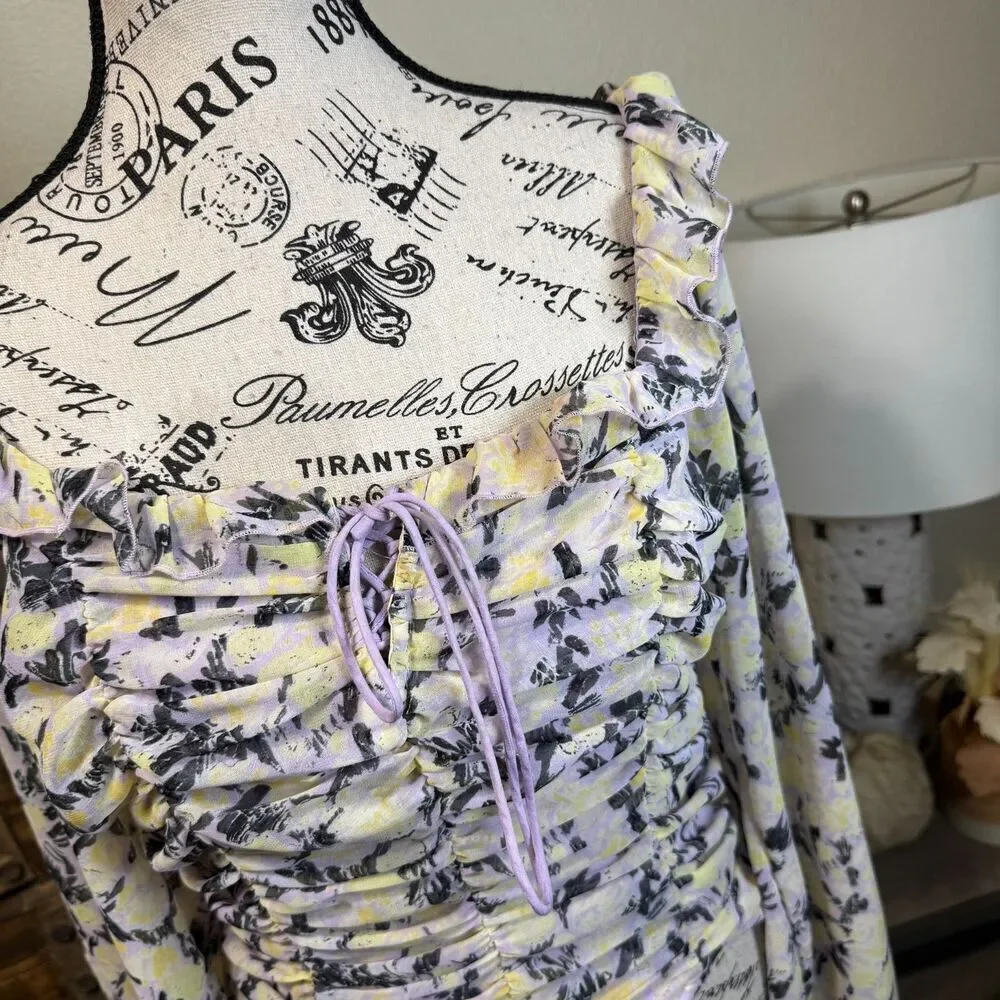 Free People Mabel Floral Tie Blouse Lilac Balloon Sleeve Sz S Boho Cottage